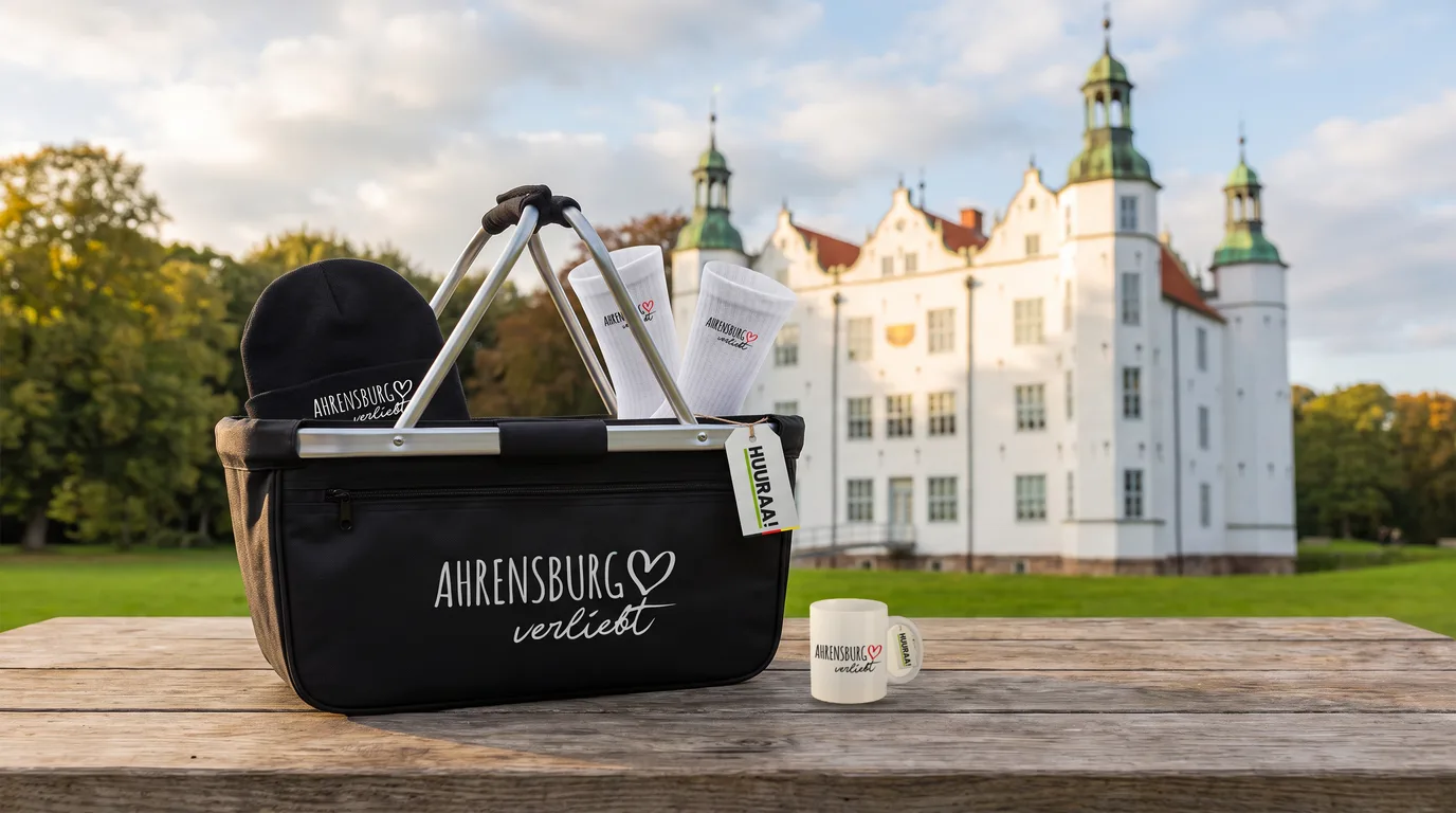 Faltbarer Einkaufskorb Ahrensburg verliebt mit Beanie und Socken, daneben eine Kaffeetasse, auf einem Holztisch vor dem Schloss Ahrensburg
