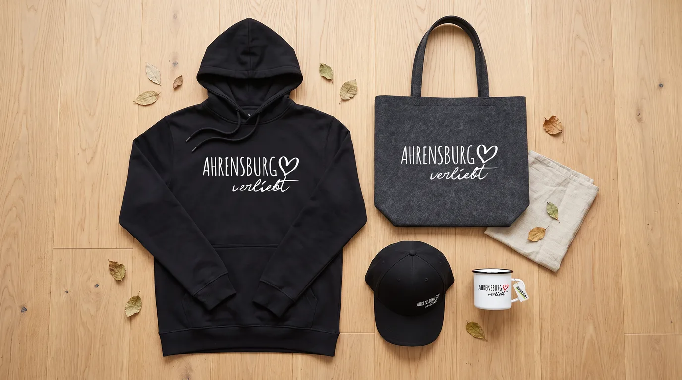 Flatlay mit schwarzem Hoodie, Cap, Emaille-Tasse und Filzshopper mit Ahrensburg-verliebt-Druck auf Holzboden