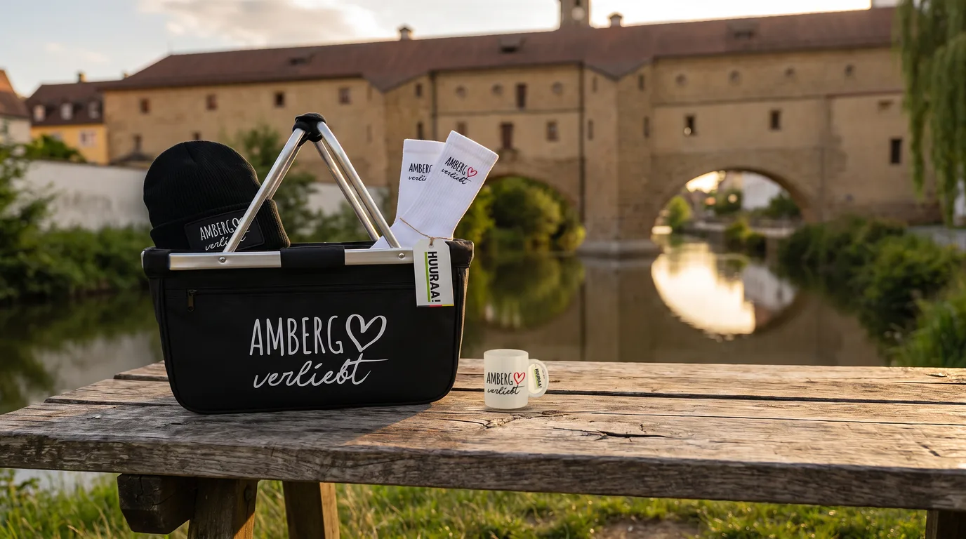 Schwarzer Einkaufskorb Amberg verliebt mit Beanie und Socken, daneben die Kaffeetasse, am Ufer der Vils vor der Stadtbrille