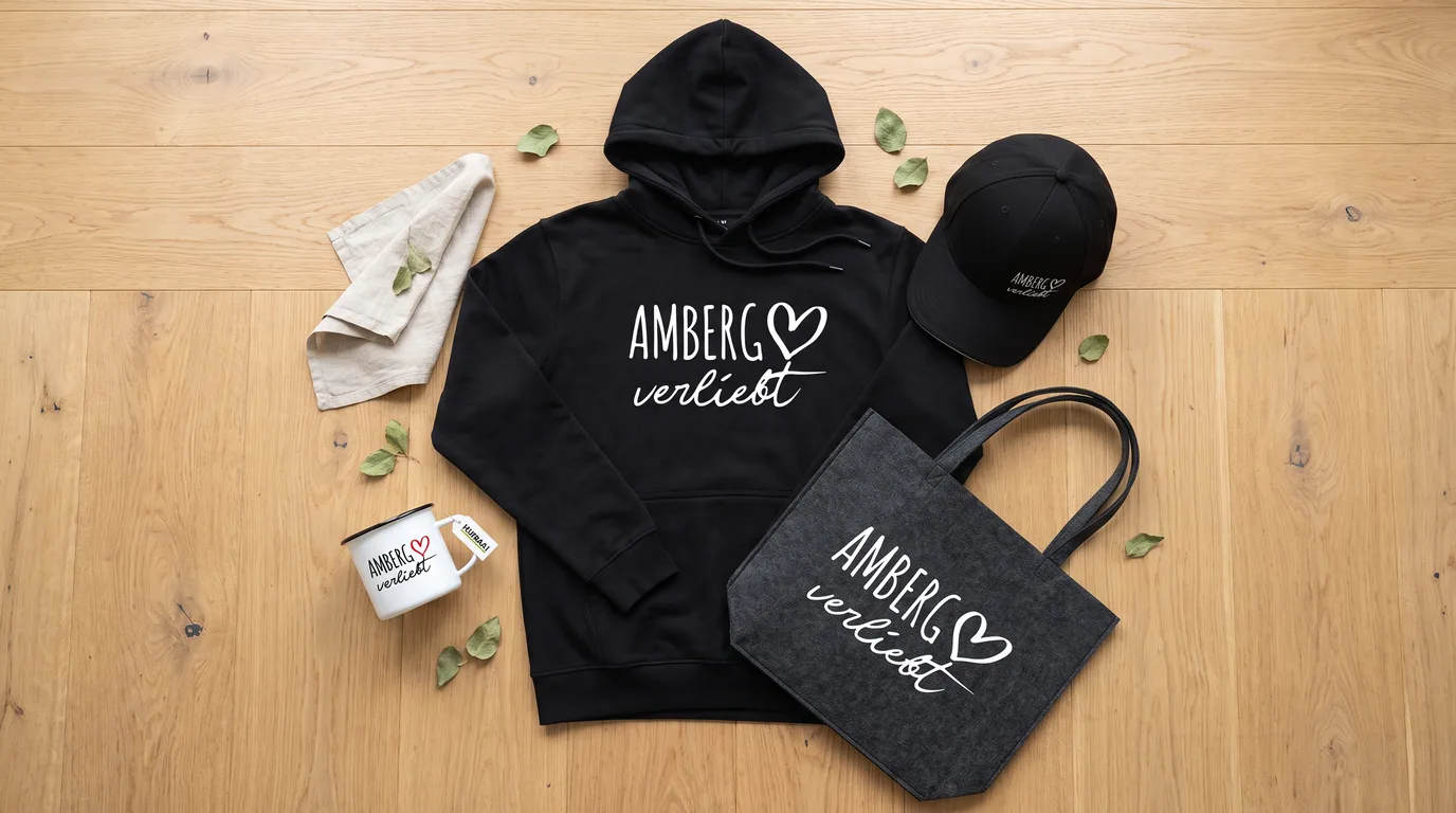 Flatlay mit schwarzem Hoodie Amberg verliebt, Cappy, Emaille-Tasse und grauem Filzshopper auf Holzboden