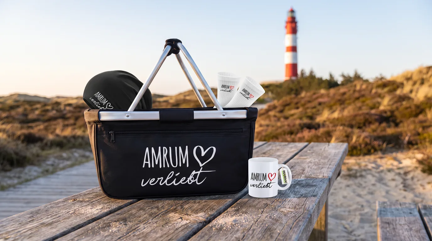Schwarzer faltbarer Einkaufskorb „Amrum verliebt“ mit Beanie und Socken, daneben die Kaffeetasse, auf einem Holztisch vor dem Amrumer Leuchtturm