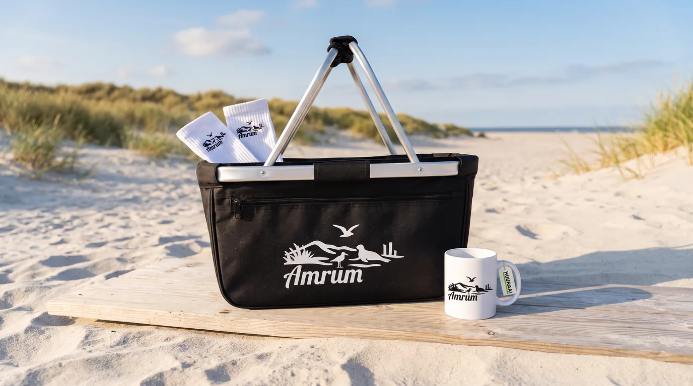 Schwarzer Einkaufskorb mit Amrum-Strandmotiv, Socken und Kaffeetasse am Strand zwischen Dünen
