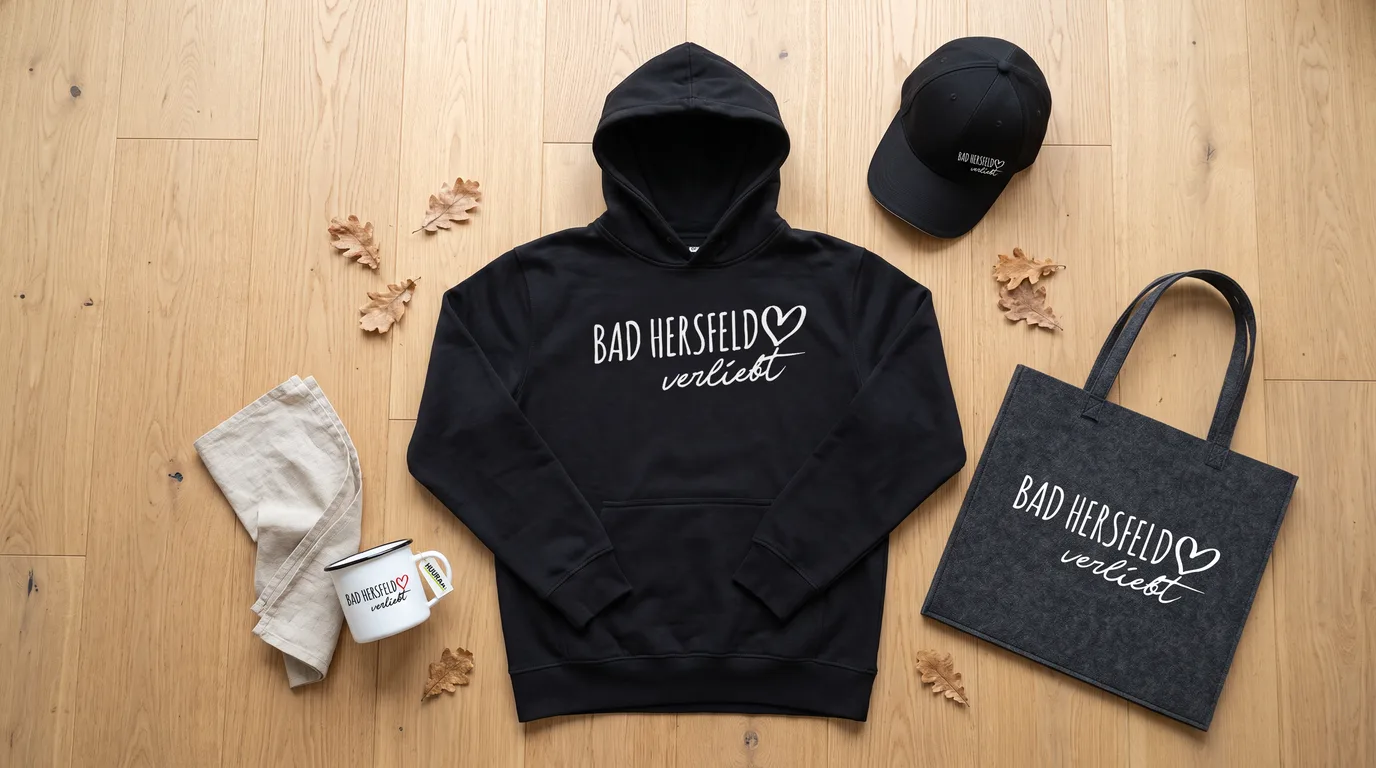 Flatlay mit schwarzem Hoodie, Cap, Emaille-Tasse und Filzshopper mit Bad-Hersfeld-verliebt-Druck auf Holzboden