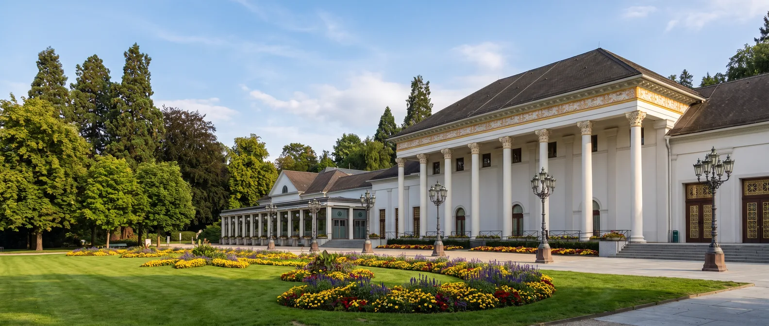 Das weiße klassizistische Kurhaus Baden-Baden mit acht korinthischen Säulen, Laternen und bunten Blumenbeeten im Kurgarten im warmen Abendlicht