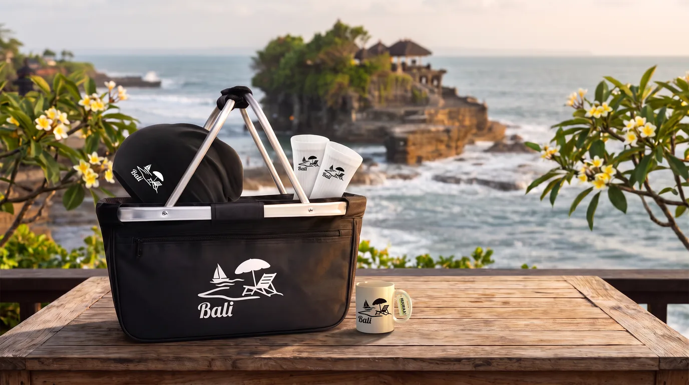 Schwarzer faltbarer Einkaufskorb mit Bali Inselmotiv, Beanie und Socken, daneben die Kaffeetasse, im Hintergrund der Tempel Tanah Lot