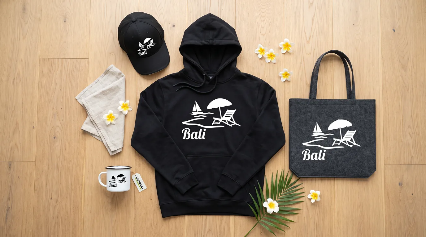 Flatlay mit schwarzem Bali-Hoodie, Cappy, Emaille-Tasse und grauem Filzshopper im Inselmotiv auf Holzboden mit Frangipani-Blüten
