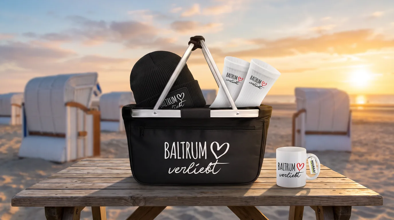 Schwarzer faltbarer Einkaufskorb „Baltrum verliebt“ mit Beanie und Socken, daneben die Kaffeetasse, auf einem Holztisch am Strand vor Strandkörben