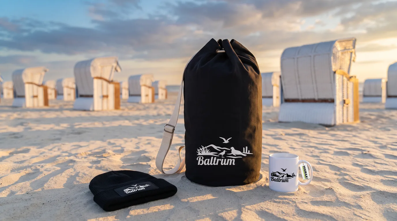 Schwarzer Seesack, Beanie und Kaffeetasse mit Baltrum Strandmotiv im Sand vor Strandkörben