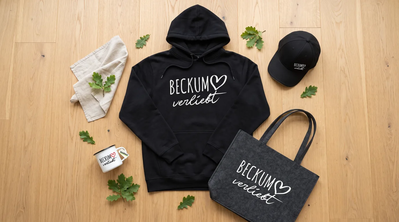 Flatlay mit schwarzem Hoodie Beckum verliebt, Cappy, Emaille-Tasse und grauem Filzshopper auf Holzboden