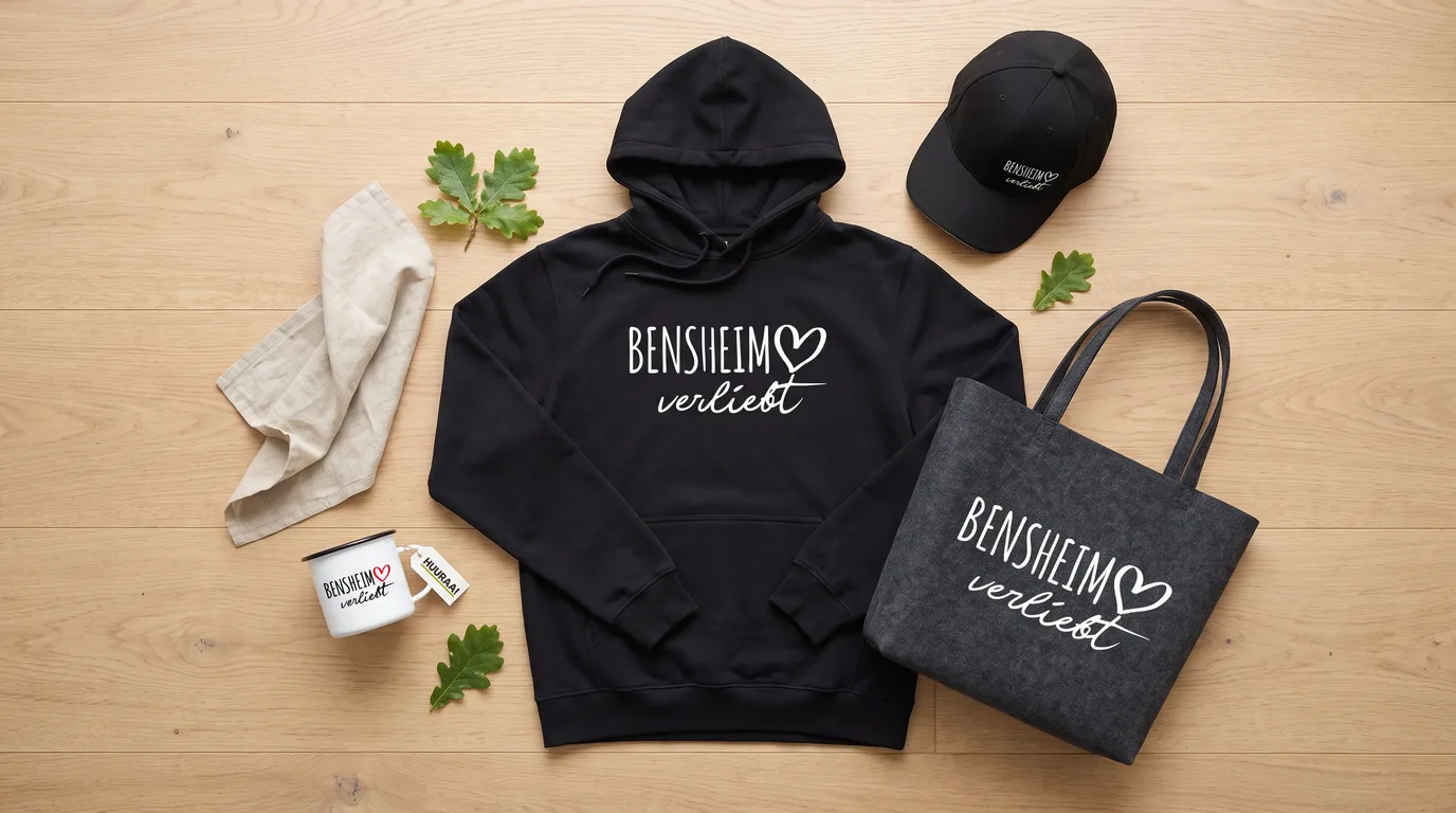 Flatlay mit schwarzem Hoodie Bensheim verliebt, Cappy, Emaille-Tasse und grauem Filzshopper auf Holzboden