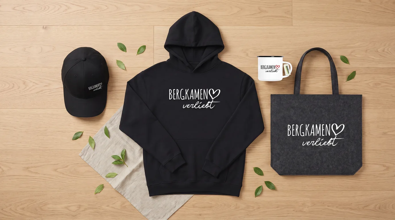 Flatlay mit schwarzem Hoodie, Cappy, Emaille-Tasse und grauem Filzshopper „Bergkamen verliebt“ auf hellem Holzboden