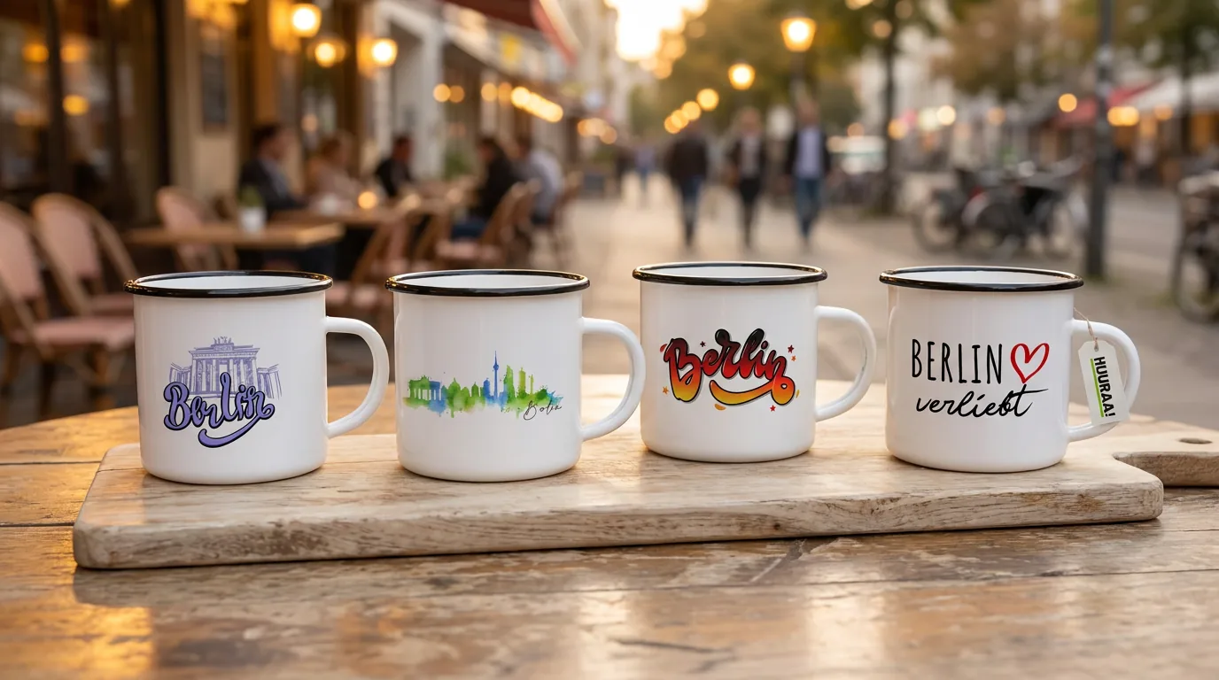 Vier Berlin Emaille-Tassen: Brandenburger Tor, Skyline, Graffiti und Berlin verliebt