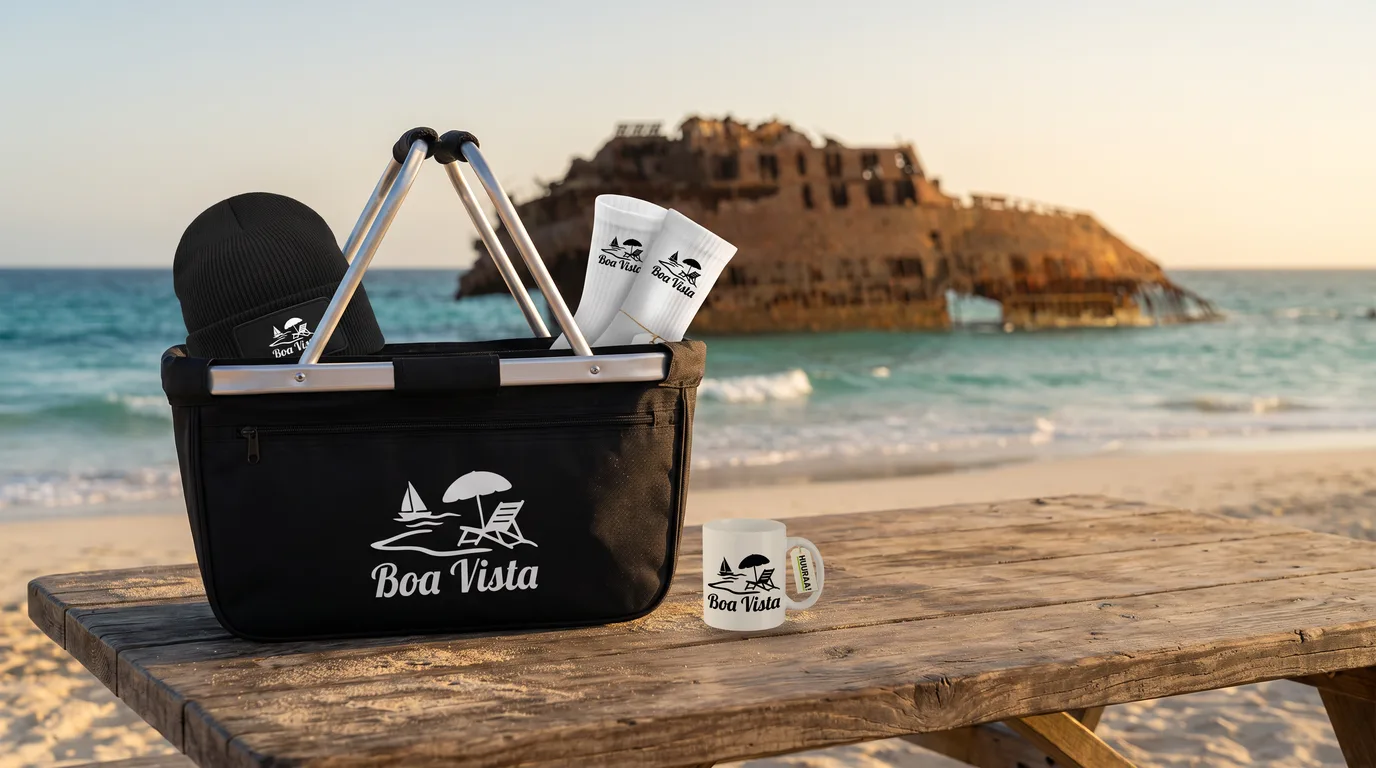 Schwarzer faltbarer Einkaufskorb mit Boa-Vista-Inselmotiv, darin Beanie und Socken, daneben die Kaffeetasse, auf einem Holztisch am Strand vor dem Wrack der Cabo Santa Maria