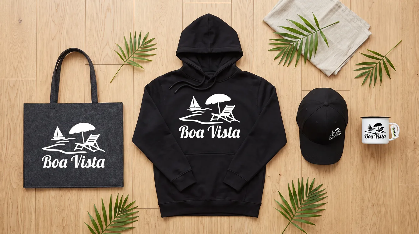 Flatlay mit schwarzem Hoodie, Cappy, Emaille-Tasse und grauem Filzshopper im Boa-Vista-Inselmotiv auf hellem Holzboden