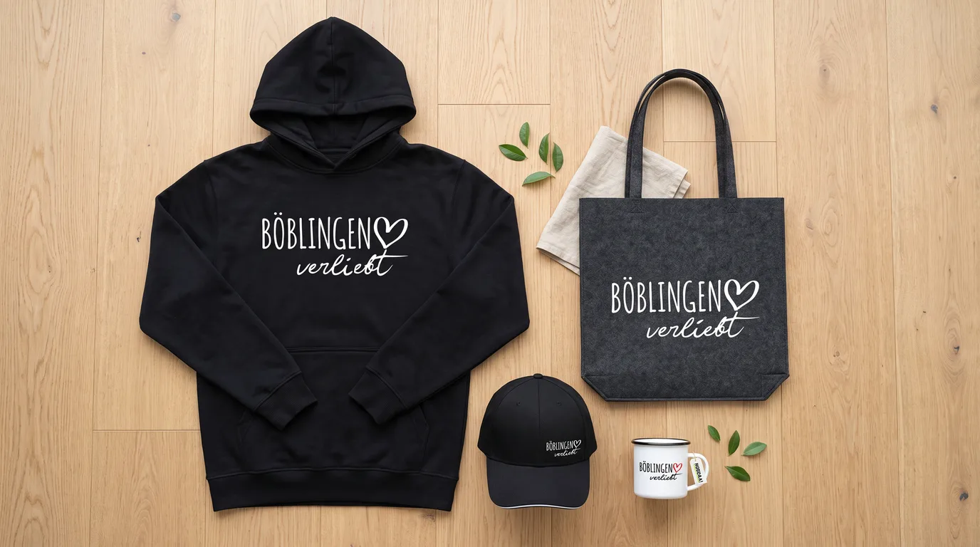Flatlay mit schwarzem Hoodie, Cappy, Emaille-Tasse und grauem Filzshopper „Böblingen verliebt“ auf hellem Holzboden