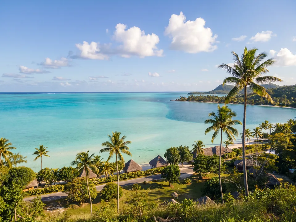 Blick über Palmen auf die türkisfarbene Lagune und den Strand an der Pointe Matira im Süden von Bora Bora