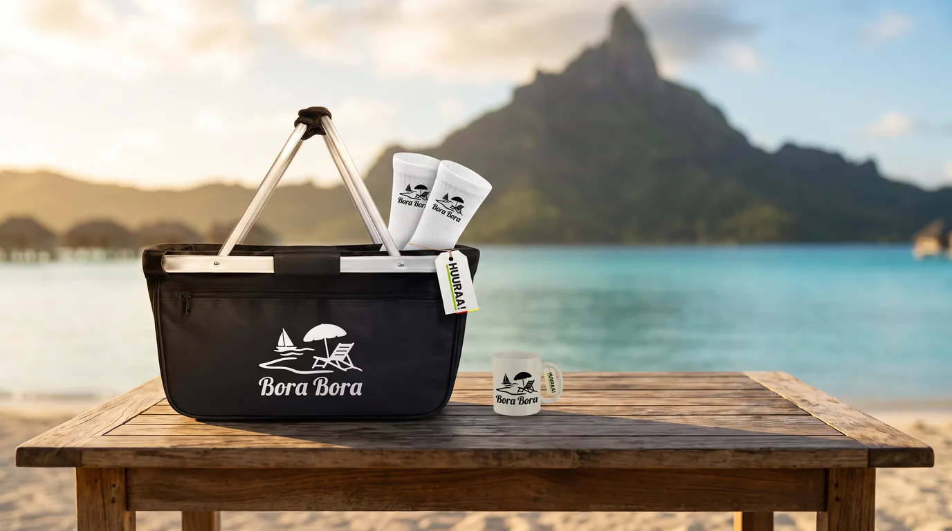 Schwarzer Einkaufskorb mit weißem Bora-Bora-Inselmotiv, darin weiße Socken, daneben die Kaffeetasse Bora Bora auf einem Holztisch vor der Lagune mit dem Mont Otemanu