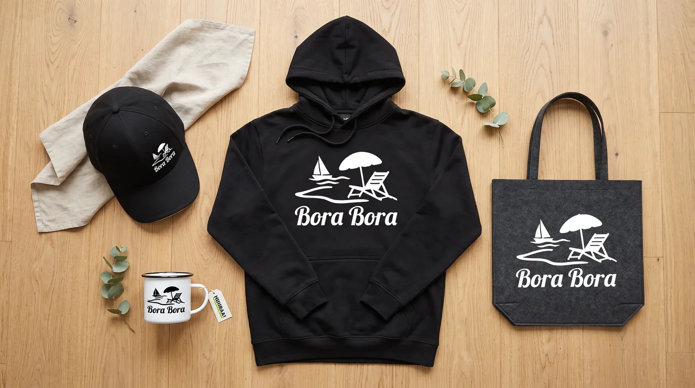 Flatlay mit schwarzem Hoodie, Cappy, Emaille-Tasse und grauem Filzshopper, alle mit Bora-Bora-Inselmotiv, auf hellem Holzboden