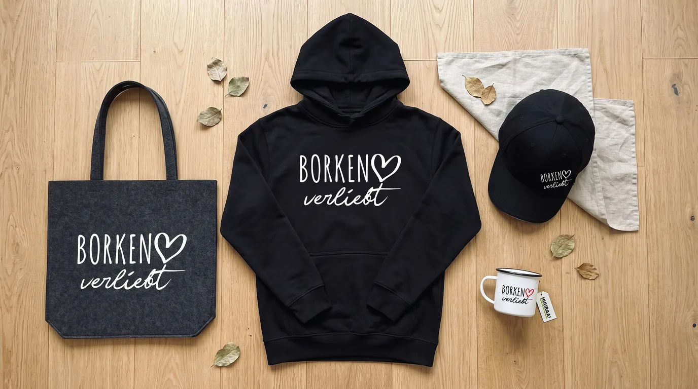 Flatlay mit schwarzem Hoodie, Cap, Emaille-Tasse und Filzshopper mit Borken-verliebt-Druck auf Holzboden