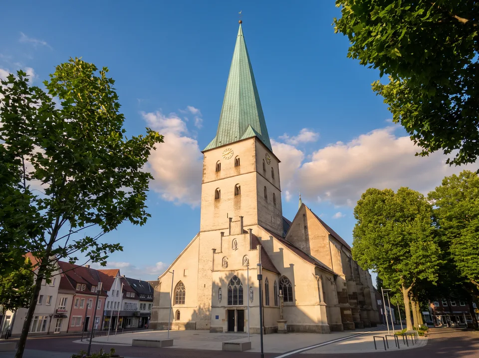 Die Propsteikirche St. Remigius in Borken mit hellem Westturm und hohem grünem Kupferhelm unter blauem Himmel