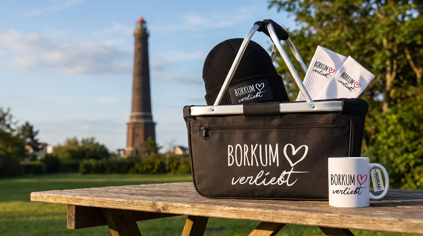 Schwarzer faltbarer Einkaufskorb „Borkum verliebt“ mit Beanie und Socken, daneben die Kaffeetasse, auf einem Holztisch vor dem Neuen Leuchtturm