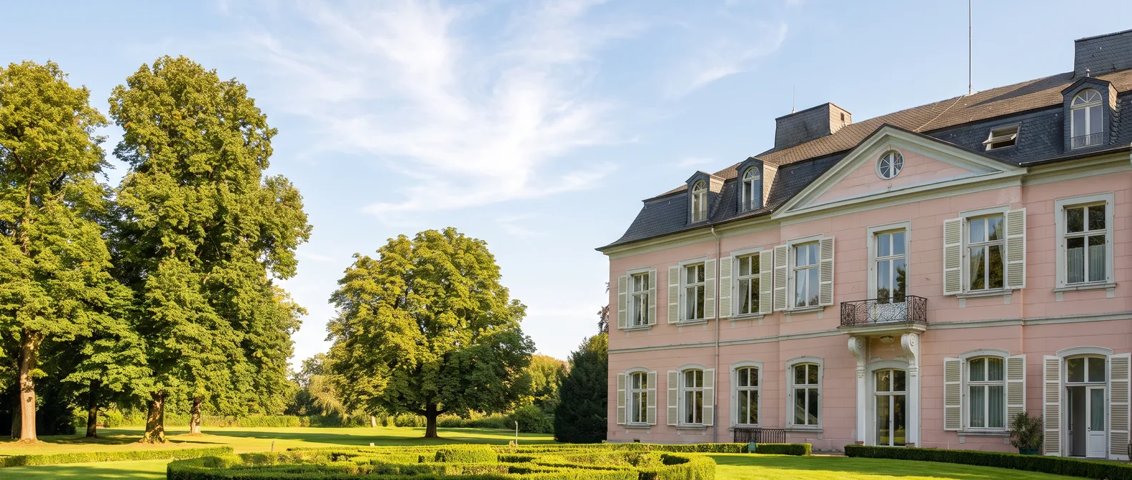 Das rosafarbene Barockschloss Bornheim mit Mansarddach und Ziergarten im Abendlicht