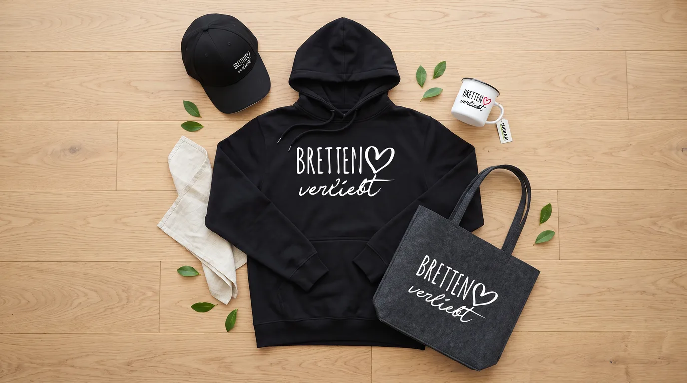 Flatlay mit schwarzem Hoodie, Cappy, Emaille-Tasse und Filzshopper mit Bretten-verliebt-Druck auf Holzboden