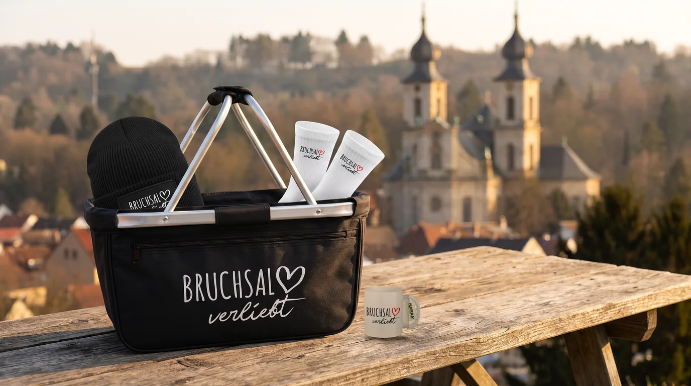 Schwarzer Einkaufskorb Bruchsal verliebt mit Beanie und Socken, daneben die Kaffeetasse, auf einem Holztisch mit Blick auf die Peterskirche