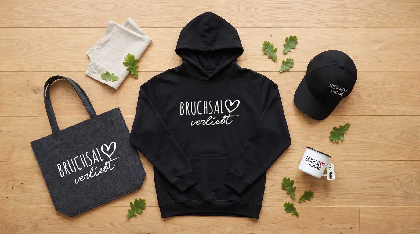 Flatlay mit schwarzem Hoodie Bruchsal verliebt, Cappy, Emaille-Tasse und grauem Filzshopper auf Holzboden