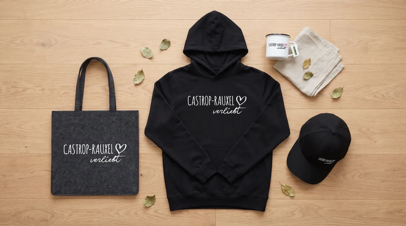 Flatlay mit schwarzem Hoodie, Cappy, Emaille-Tasse und grauem Filzshopper „Castrop-Rauxel verliebt“ auf hellem Holzboden