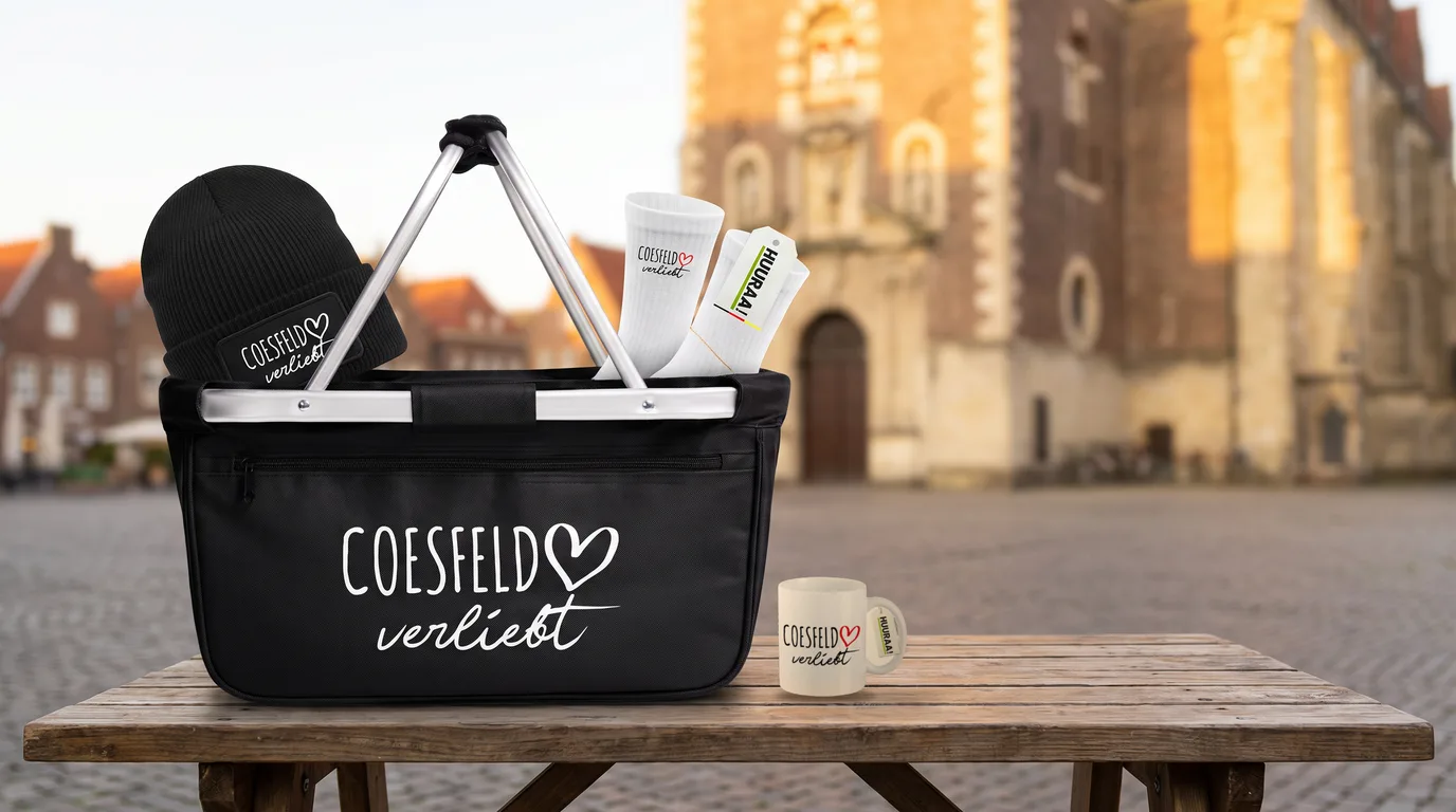 Schwarzer Einkaufskorb Coesfeld verliebt mit Beanie und Socken, daneben die Kaffeetasse, auf einem Holztisch vor der Lambertikirche