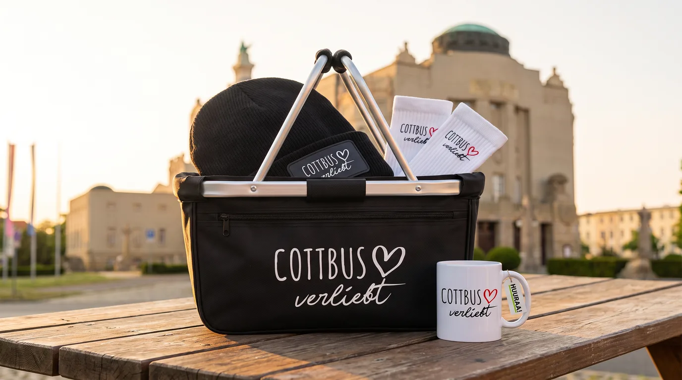 Schwarzer faltbarer Einkaufskorb „Cottbus verliebt“ mit Beanie und Socken, daneben die Kaffeetasse, vor dem Staatstheater Cottbus