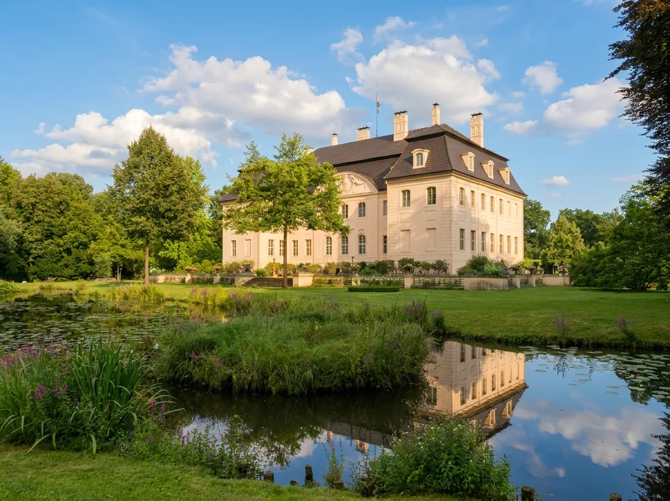 Barockes Schloss Branitz in Cottbus mit Mansarddach hinter einem Teich im Branitzer Park