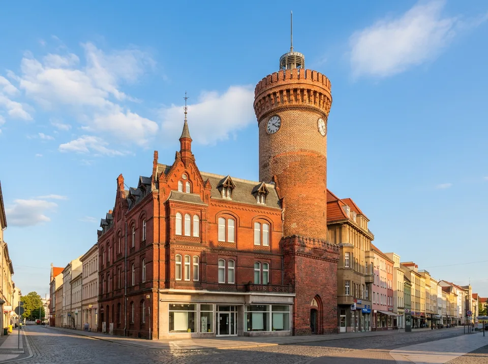 Runder Backsteinturm Spremberger Turm mit Uhr und Zinnenkranz am Ende der Spremberger Straße in Cottbus