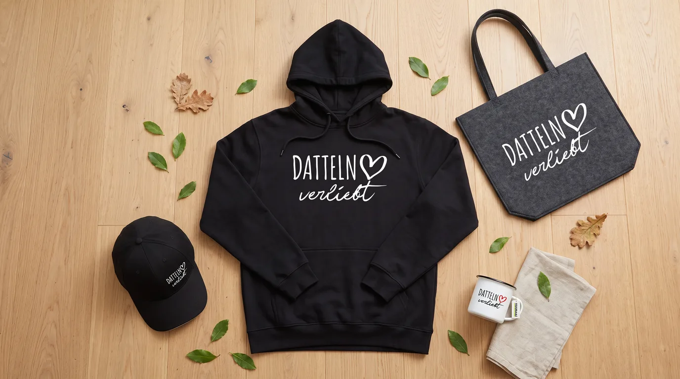 Flatlay mit schwarzem Hoodie, Cap, Emaille-Tasse und Filzshopper mit Datteln-verliebt-Druck auf Holzboden