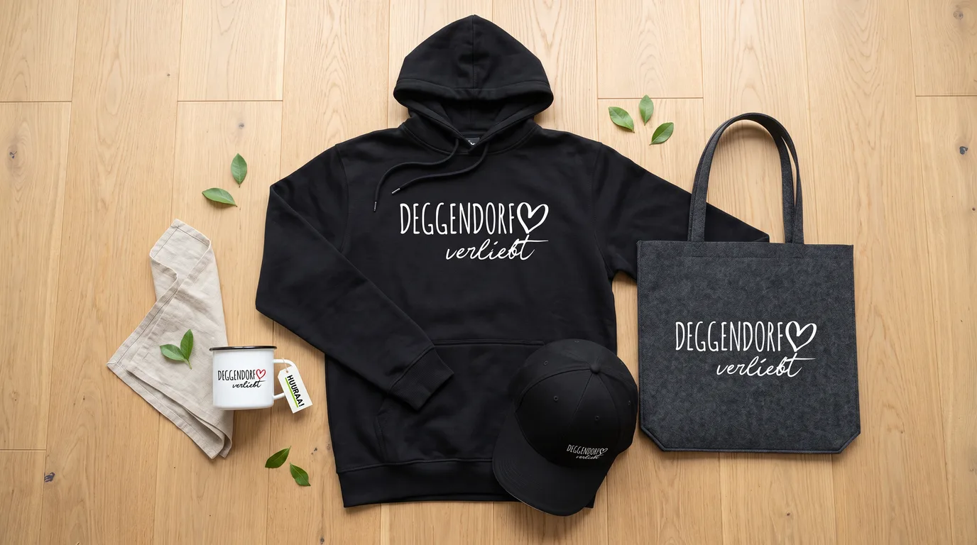 Flatlay mit schwarzem Hoodie, Cap, Emaille-Tasse und Filzshopper mit Deggendorf-verliebt-Druck auf Holzboden