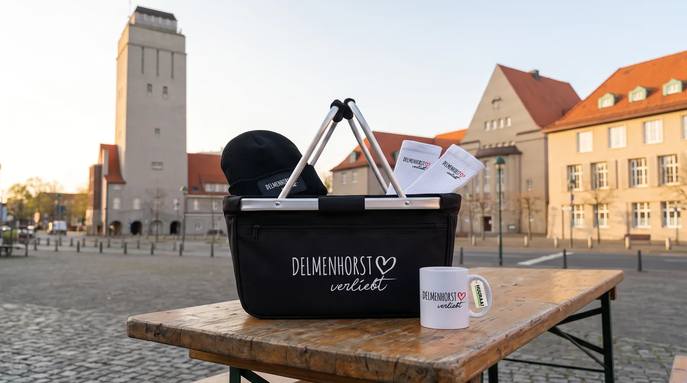 Schwarzer faltbarer Einkaufskorb „Delmenhorst verliebt“ mit Beanie und Socken, daneben die Kaffeetasse, vor Rathaus und Wasserturm