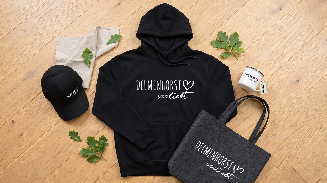Flatlay mit schwarzem Hoodie, Cappy, Emaille-Tasse und Filzshopper „Delmenhorst verliebt“ auf Holzboden