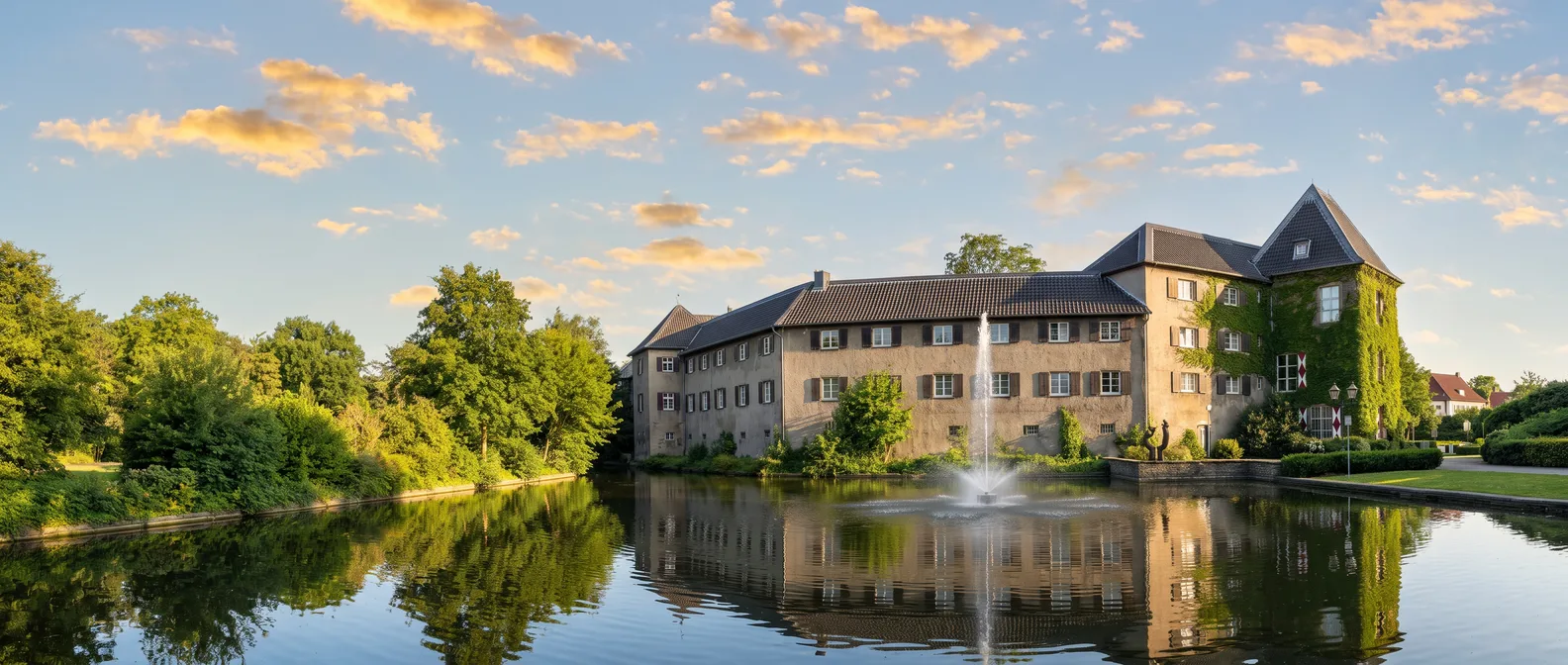Die Burg Dinslaken mit efeubewachsenem Turm hinter dem Burgteich mit Fontäne im goldenen Abendlicht