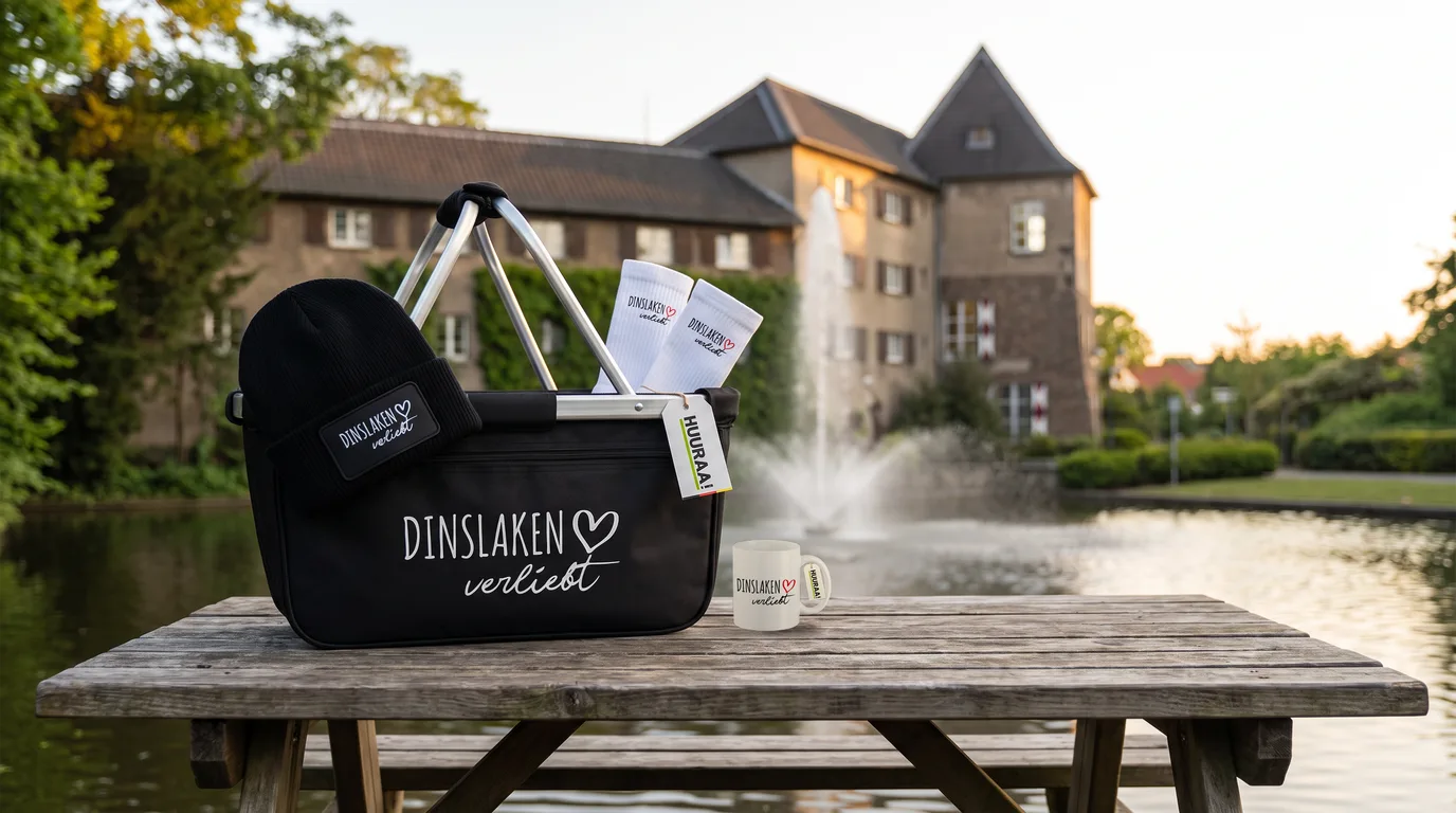 Faltbarer Einkaufskorb Dinslaken verliebt mit Beanie und Socken, daneben eine Kaffeetasse, am Burgteich vor der Burg Dinslaken