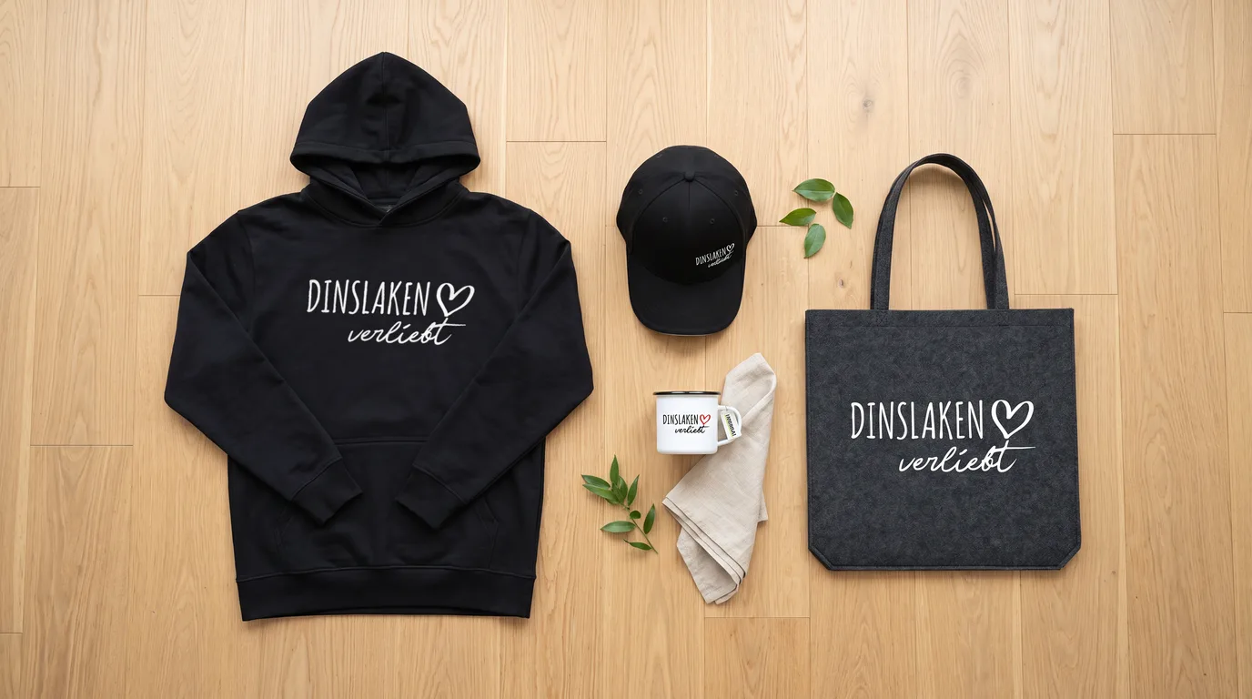 Flatlay mit schwarzem Hoodie, Cap, Emaille-Tasse und Filzshopper mit Dinslaken-verliebt-Druck auf Holzboden