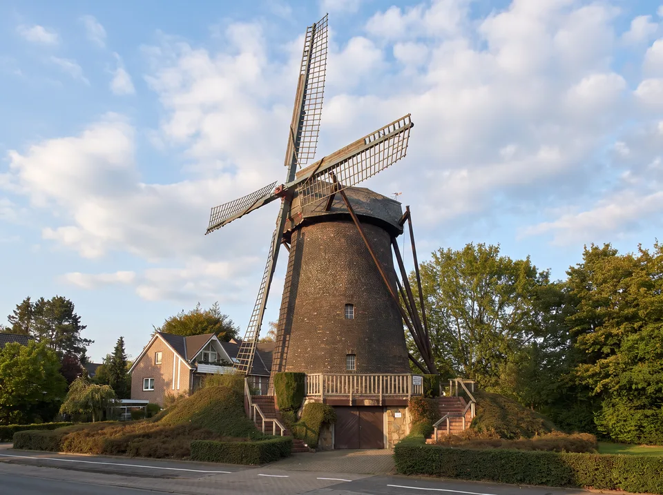 Die dunkle Turmwindmühle im Dinslakener Ortsteil Hiesfeld mit Galerie und Flügeln unter blauem Himmel