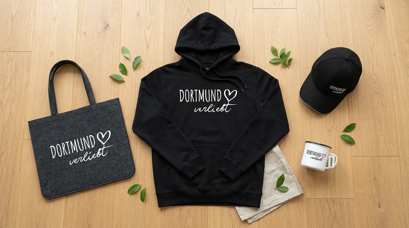 Dortmund verliebt: Hoodie, Cap, Emaille-Tasse und Filzshopper von oben