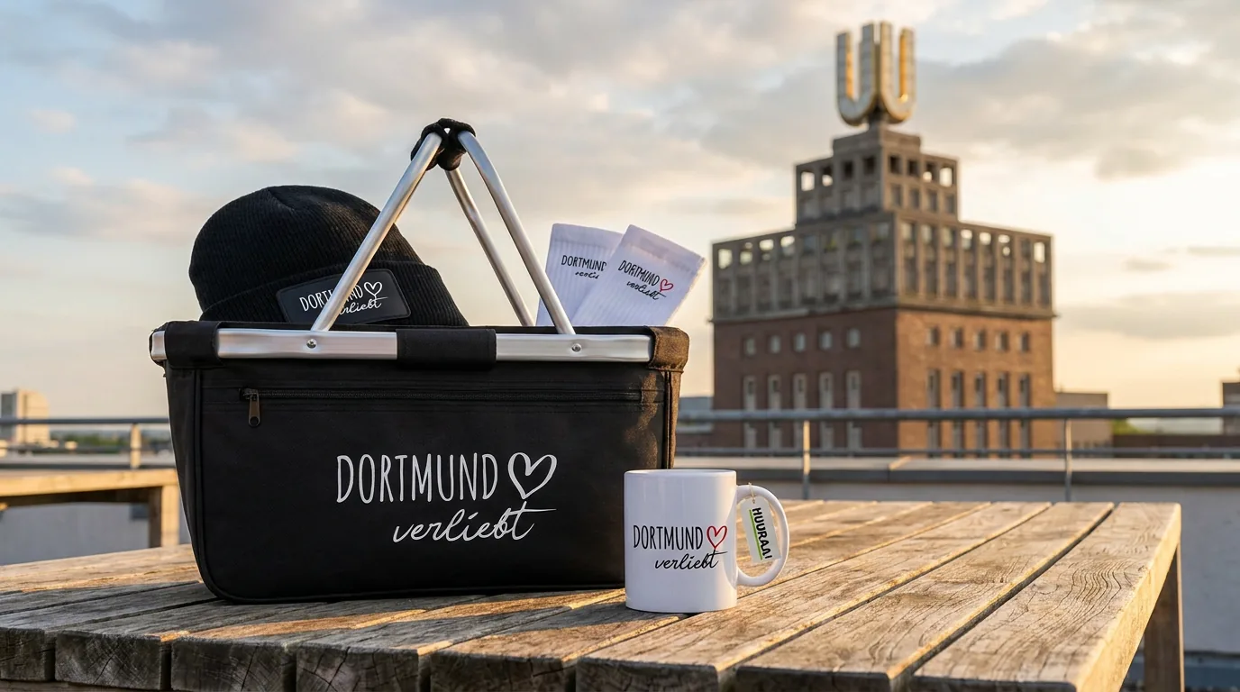 Dortmund verliebt: Einkaufskorb mit Beanie, Socken und Kaffeetasse vor dem Dortmunder U