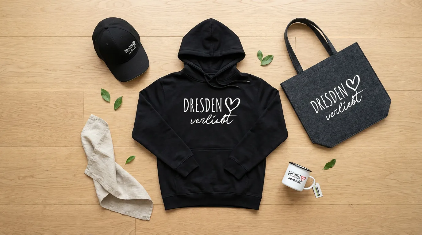 Dresden verliebt: Hoodie, Cap, Emaille-Tasse und Filzshopper von oben