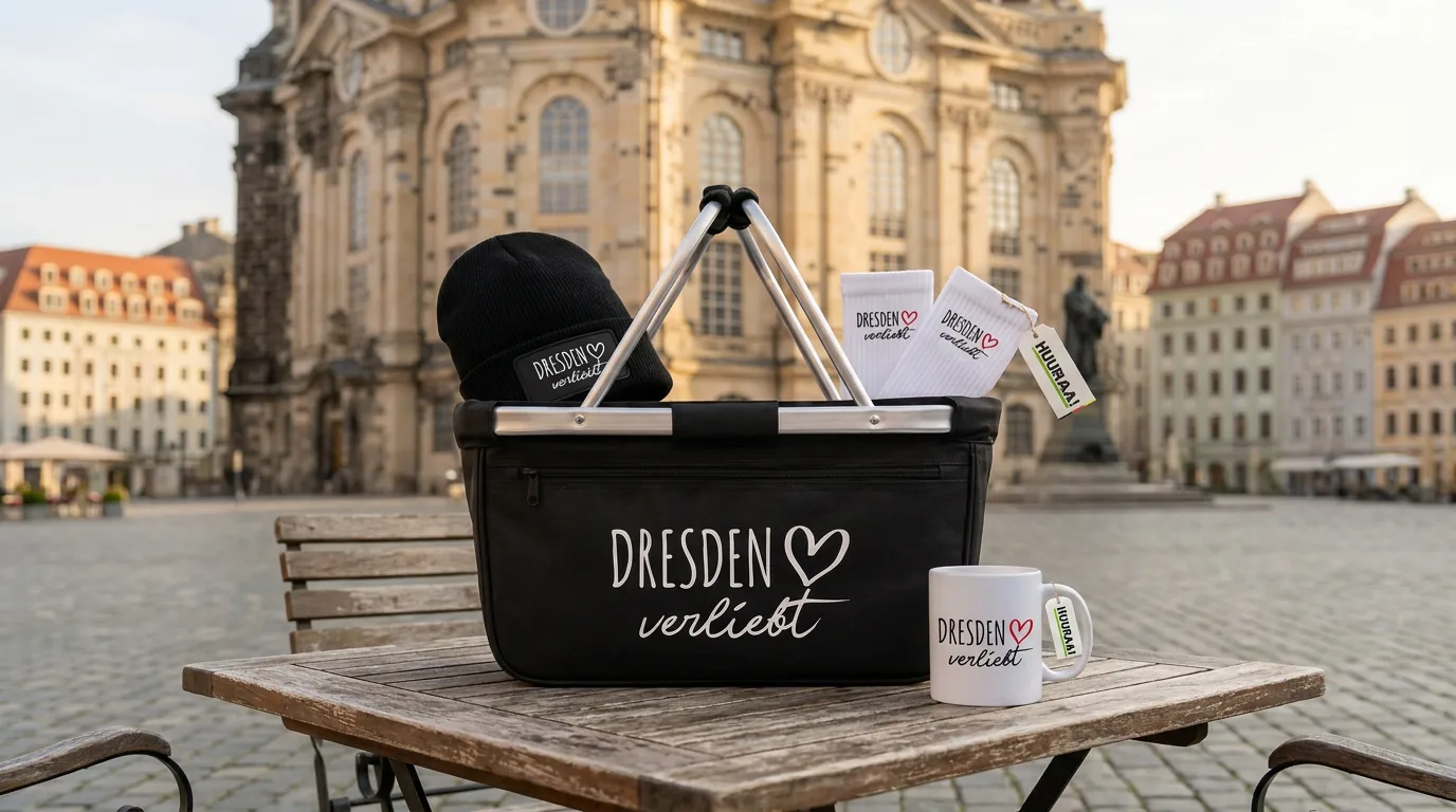 Dresden verliebt: Einkaufskorb mit Beanie, Socken und Kaffeetasse vor der Frauenkirche