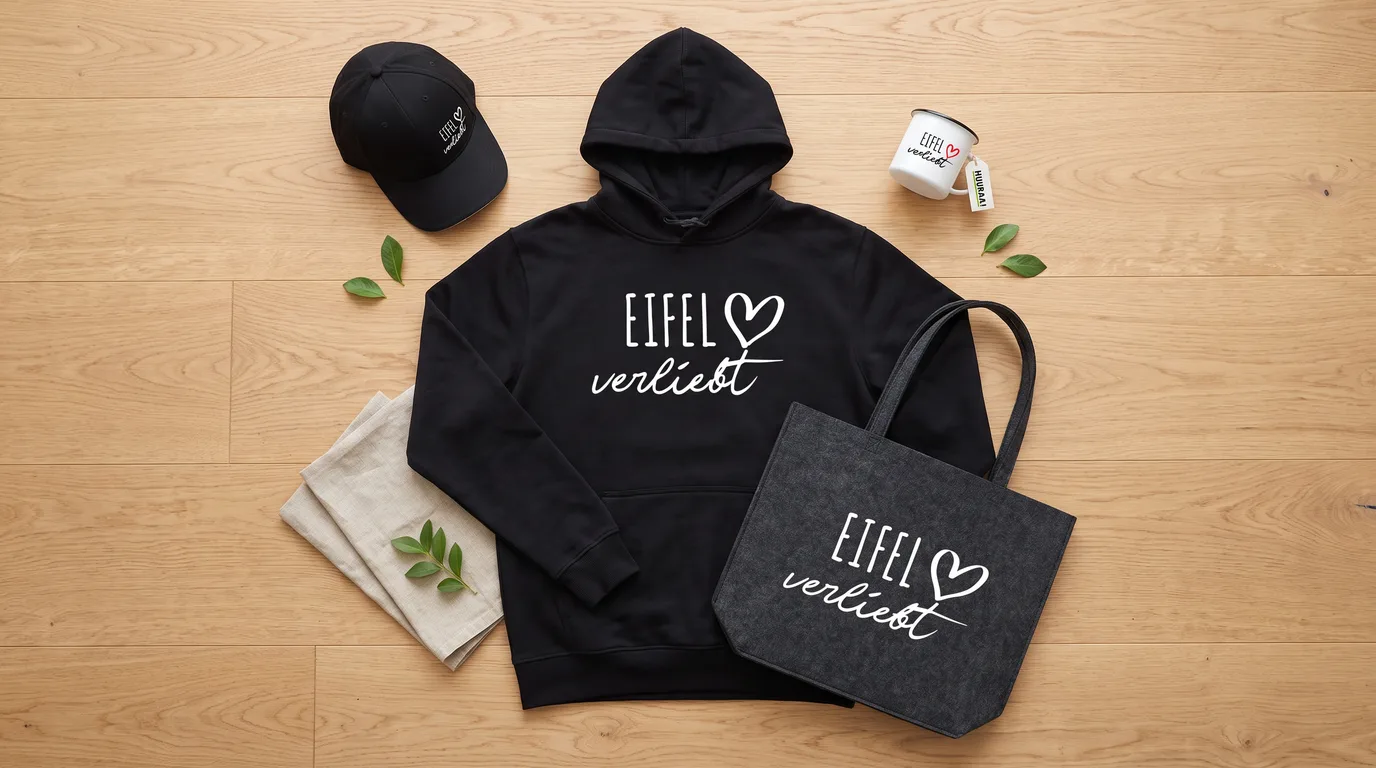 Flatlay mit schwarzem Hoodie, Cappy, Emaille-Tasse und grauem Filzshopper „Eifel verliebt“ auf hellem Holzboden