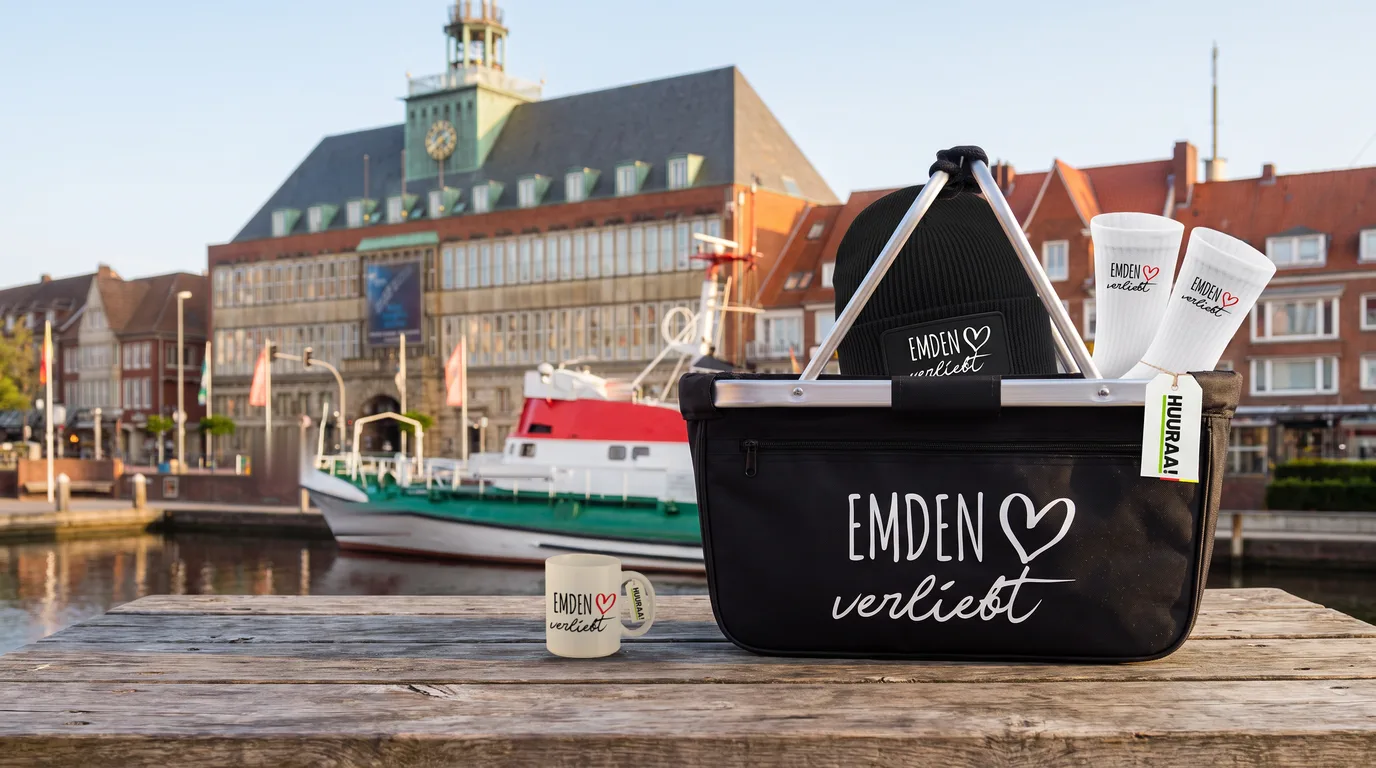Schwarzer faltbarer Einkaufskorb „Emden verliebt“ mit Beanie und Socken, daneben die Kaffeetasse, auf einem Holztisch am Ratsdelft vor dem Rathaus