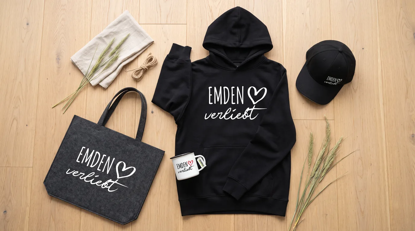Flatlay mit schwarzem Hoodie, Cappy, Emaille-Tasse und grauem Filzshopper „Emden verliebt“ mit Strandgras und Tau auf hellem Holzboden