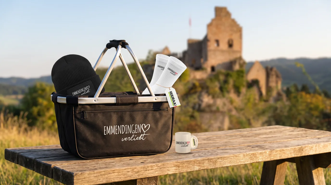 Einkaufskorb Emmendingen verliebt mit Beanie und Socken, daneben eine weiße Kaffeetasse, auf einem Holztisch vor der Hochburg